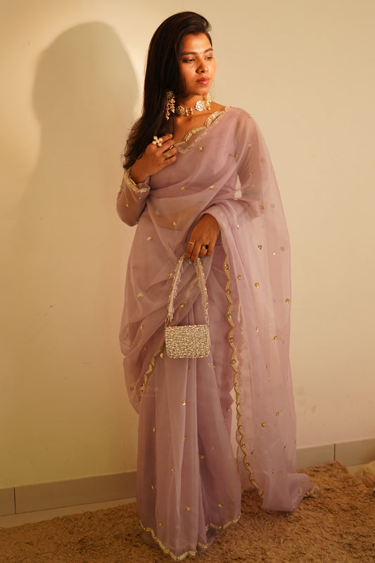 Lavender Organza Scallop Saree