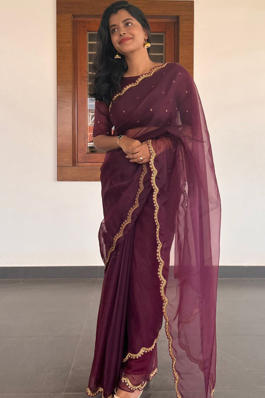 Burgundy Organza Saree