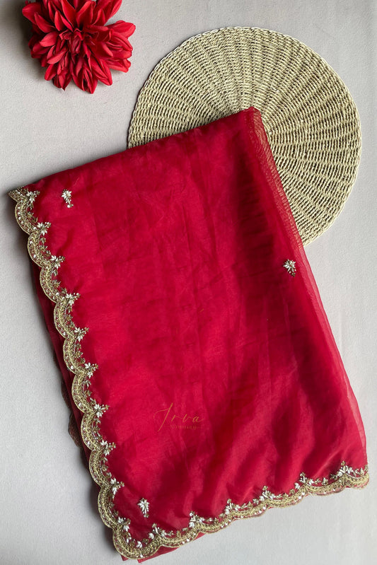 Red Organza Embellished Saree