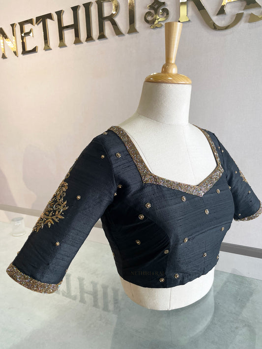 Black Embroidered Raw Silk Blouse