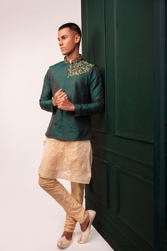 Emerald Green and Beige Gold Lehenga And Coat Kurta Set