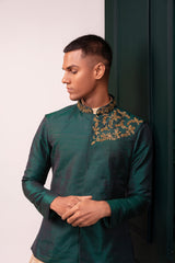 Emerald Green and Beige Gold Lehenga And Coat Kurta Set