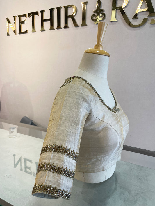 Half White Embroidered Raw Silk Blouse