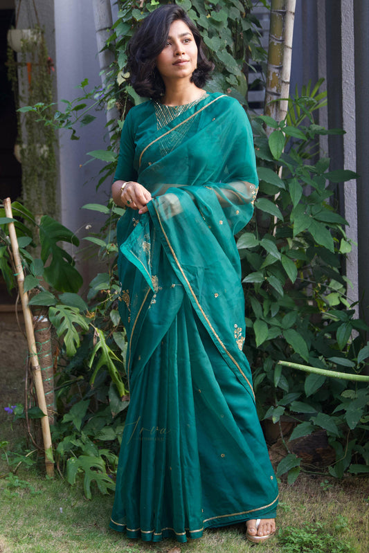 Forest Green Embroidered Organza Saree
