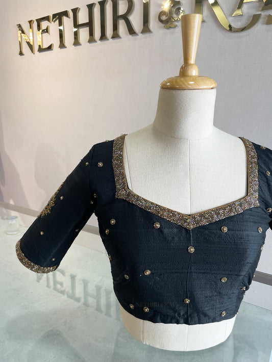 Black Embroidered Raw Silk Blouse