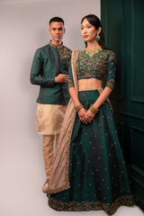 Emerald Green and Beige Gold Lehenga And Coat Kurta Set