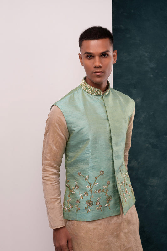 Pastel Turquoise Embroidered Jacket Kurta Set