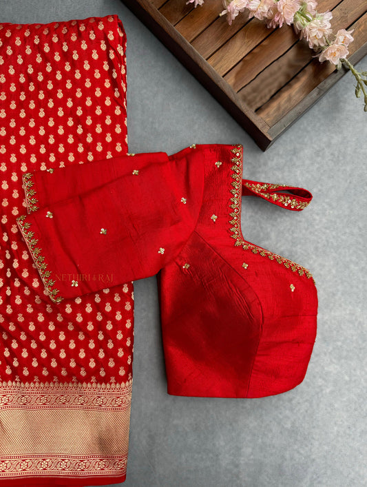 Red Raw Silk Embroidered Blouse