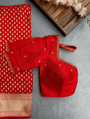 Red Raw Silk Embroidered Blouse