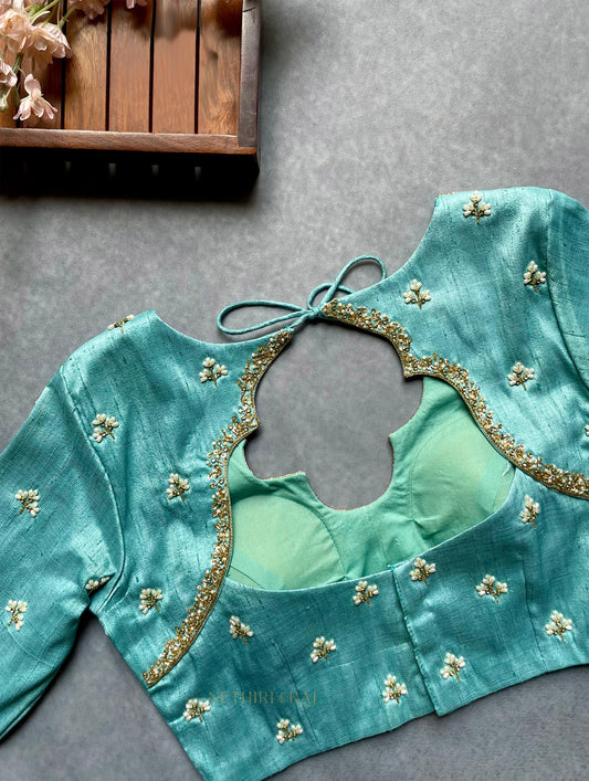 Turquoise Blue Raw Silk Blouse