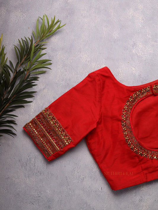 Red Embroidered Silk Blouse