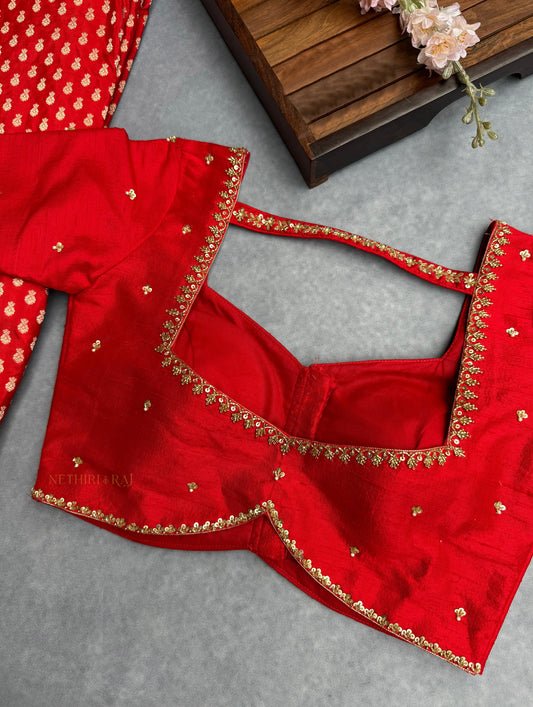 Red Raw Silk Embroidered Blouse