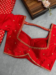 Red Raw Silk Embroidered Blouse
