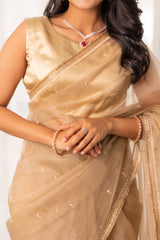 Light Beige Thread Work Organza Saree