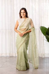 Light Apple Green Scallop Cut Bend Saree