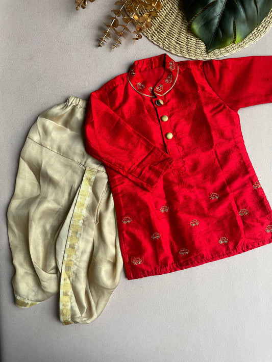 Red Silk Kurta With Dhoti Pants