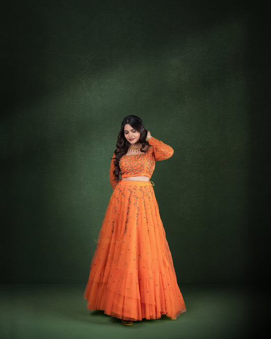 Bright Orange Floral Lehenga