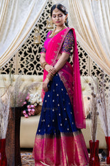 Blue Pink Jute Silk Lehenga