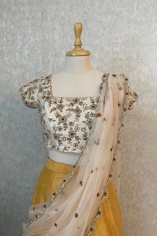 Golden Yellow & Ivory Silk Lehenga