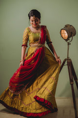 Pickle Green & Red Raw Silk Lehenga