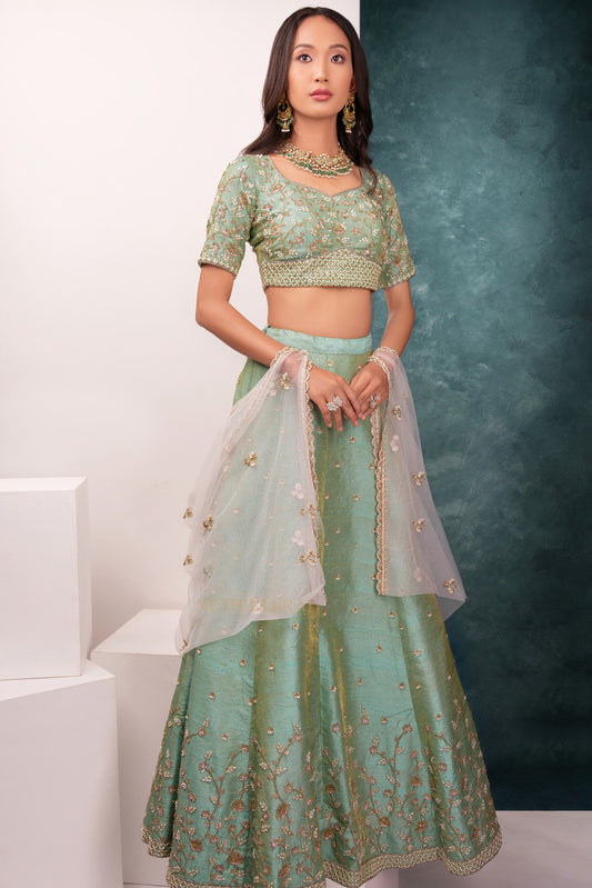 Turquoise Tissue Raw Silk Lehenga