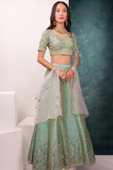 Turquoise Tissue Raw Silk Lehenga