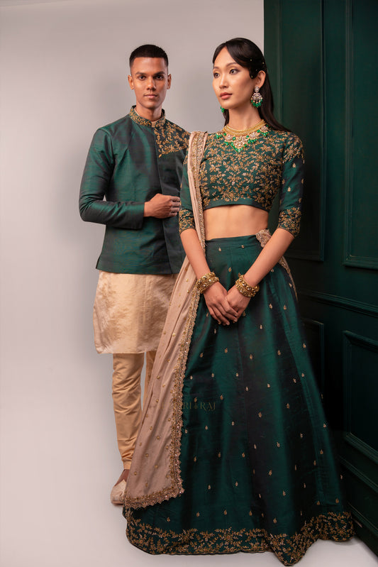 Deep Green Raw Silk Lehenga