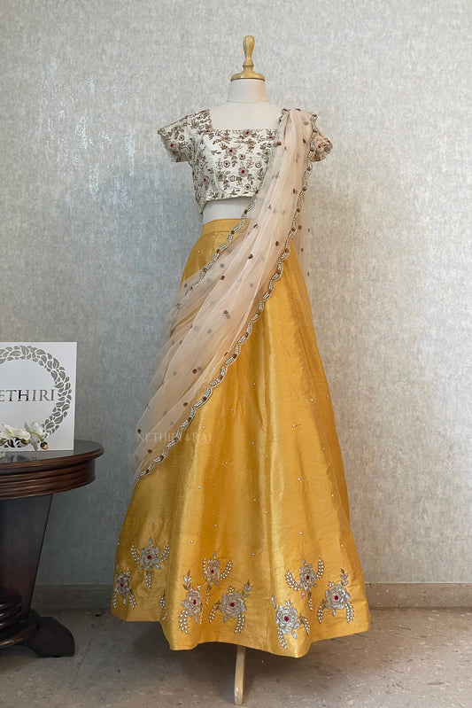 Golden Yellow & Ivory Silk Lehenga