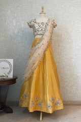 Golden Yellow & Ivory Silk Lehenga