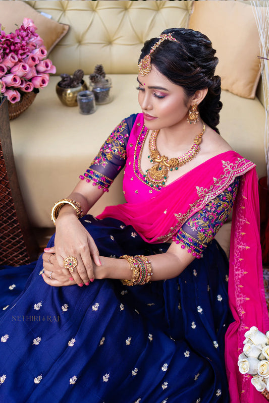 Blue Pink Jute Silk Lehenga