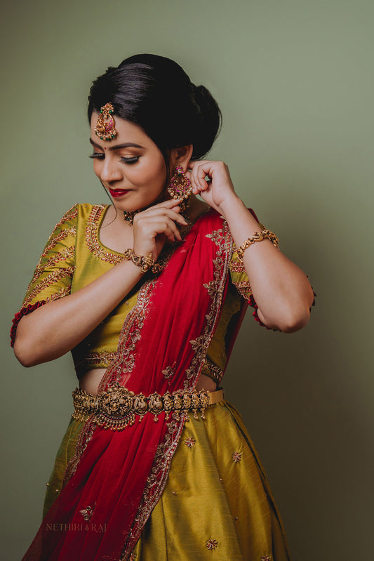 Pickle Green & Red Raw Silk Lehenga
