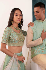 Turquoise Tissue Raw Silk Lehenga