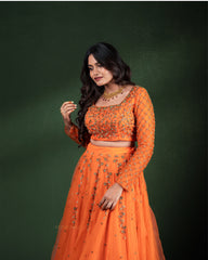 Bright Orange Floral Lehenga