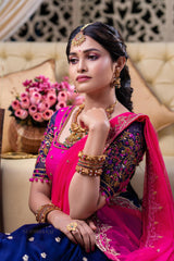 Blue Pink Jute Silk Lehenga