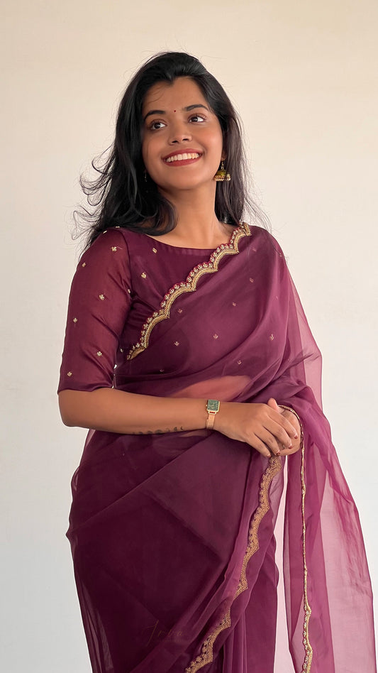 Burgundy Organza Saree