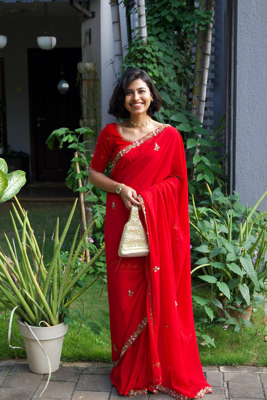 Cherry Red Georgette Saree