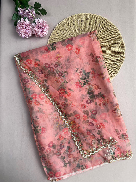 Floral Peach Organza Saree