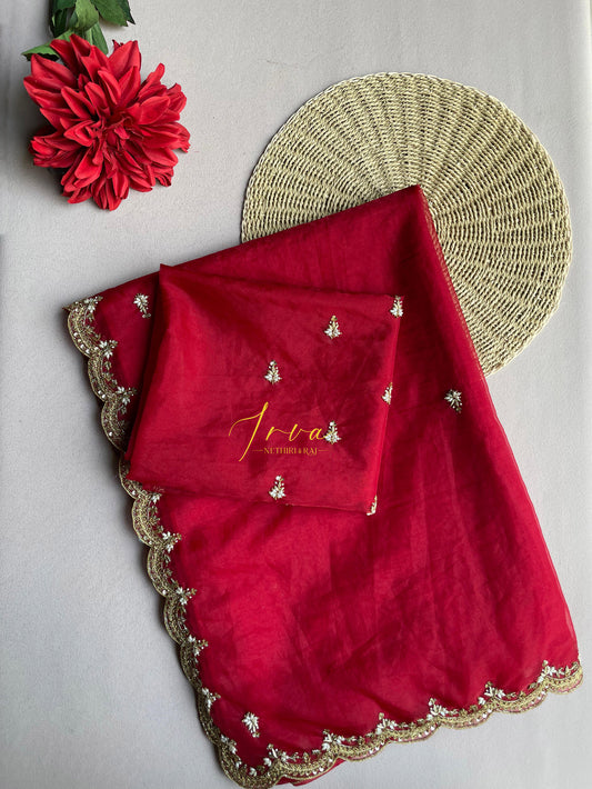 Red Organza Embellished Saree