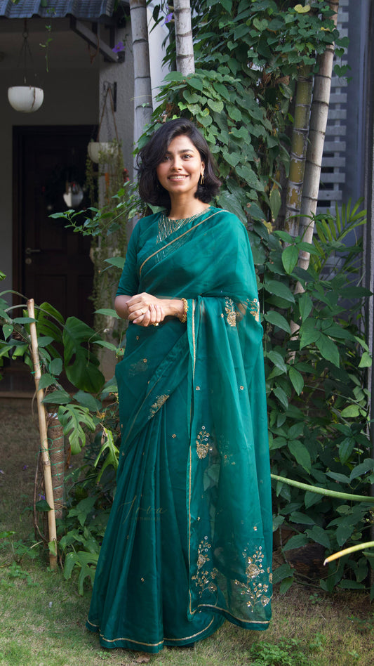 Forest Green Embroidered Organza Saree