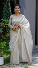 Champagne Tissue Organza Cutwork Saree