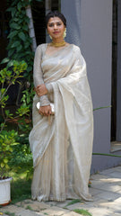 Champagne Tissue Organza Cutwork Saree