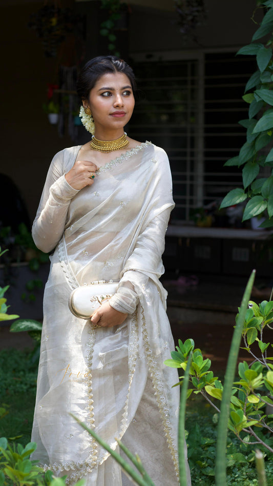 Champagne Tissue Organza Cutwork Saree