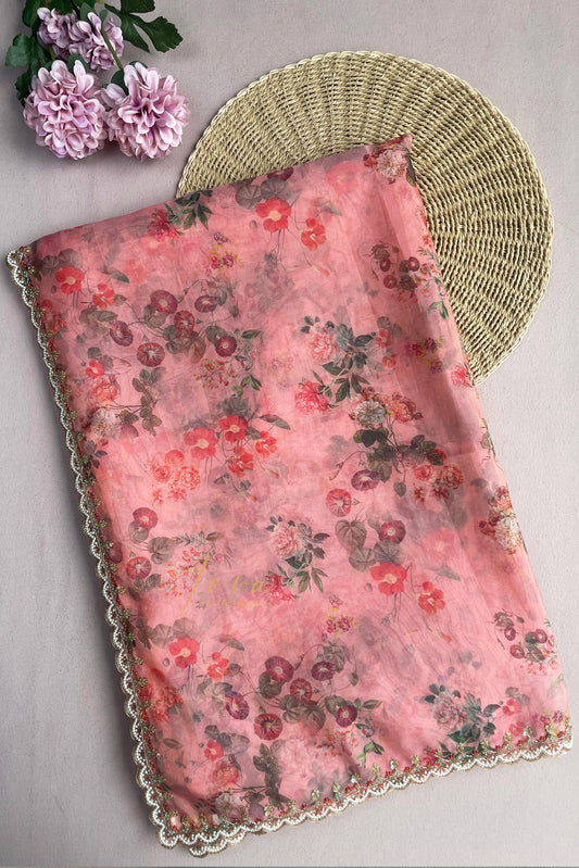 Floral Peach Organza Saree