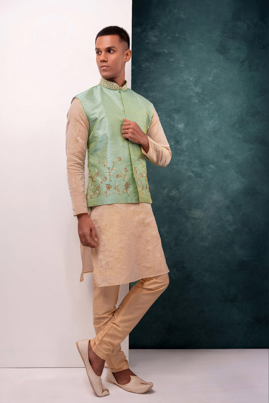 Pastel Turquoise Embroidered Jacket Kurta Set