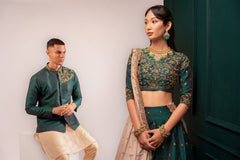 Emerald Green and Beige Gold Lehenga And Coat Kurta Set