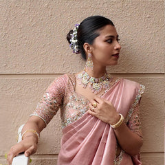 Peach Silk Saree With Handwork Border