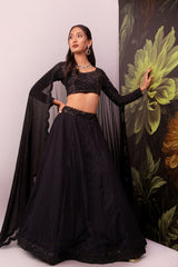 Black hand embroidered chikankari lehenga and sherwani couple ensemble