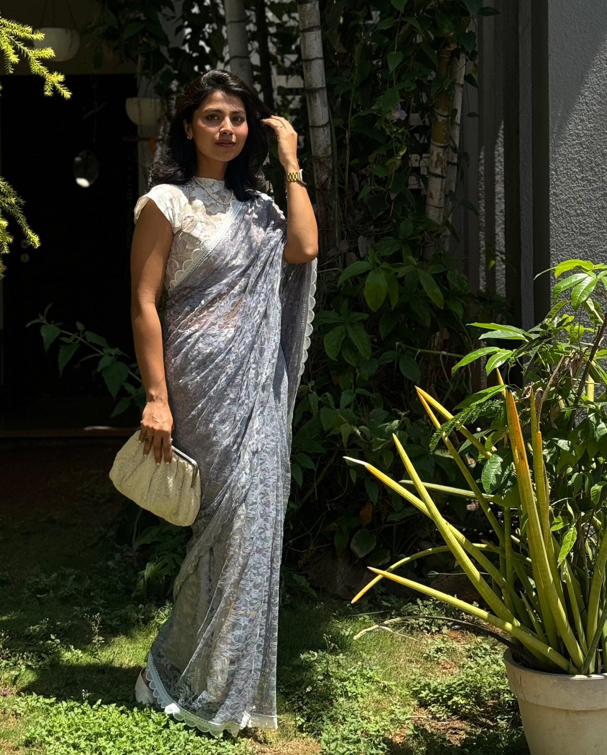 Grey Lace Saree with Blouse