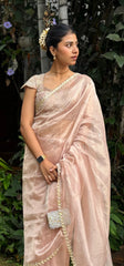 Pastel Pink Hand Embroidered Tissue Organza Saree
