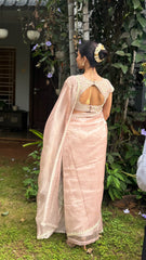 Pastel Pink Hand Embroidered Tissue Organza Saree
